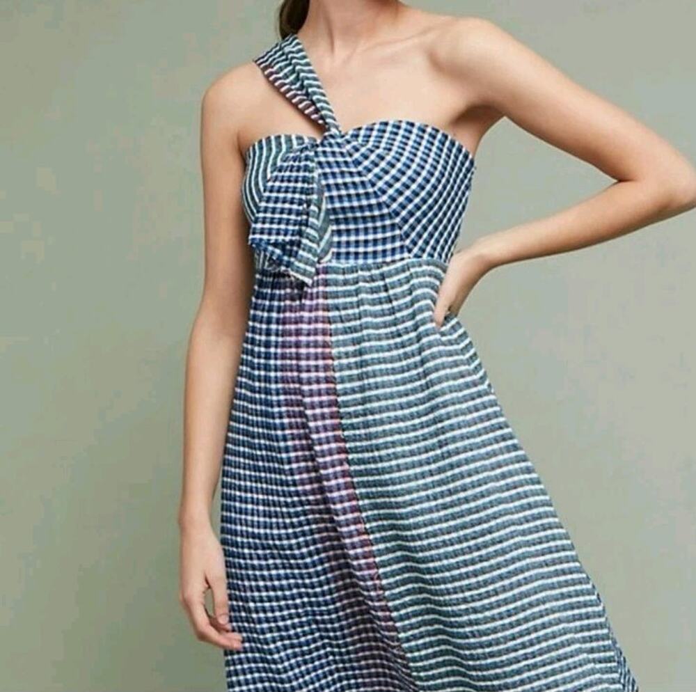 Anthro Maeve Waverly Midi Plaid One Shoulder Dress sz 2 Blue Multi Hanky Hem